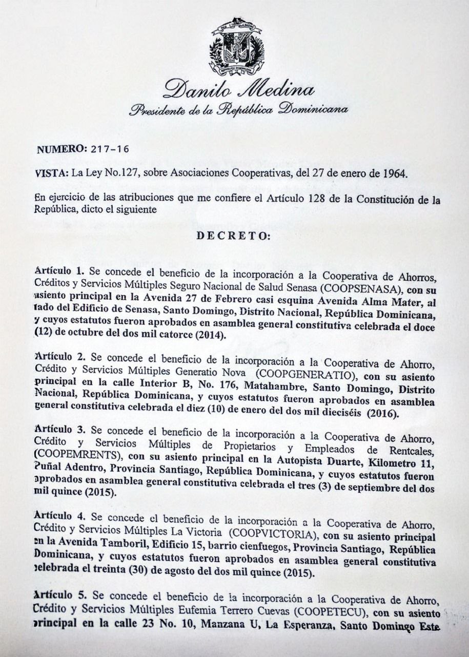 Decreto 217-16 Incorporación Cooperativa Generatio Nova, Inc.