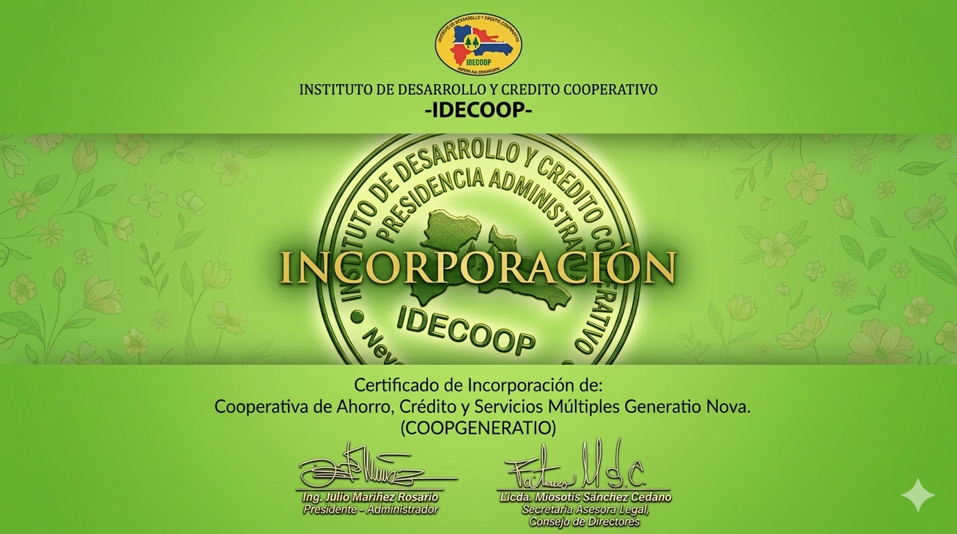 Certificación IDECOOP del Decreto 217-16 Incorporación Cooperativa Generatio Nova, Inc.